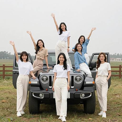 Joyful Group Photo by a Gray Jeep
