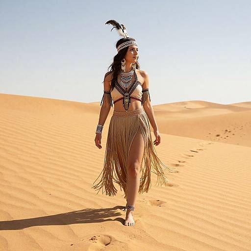 Photograph of a Native American woman in traditional desert attire, with a headband, beaded necklace, fringe skirt, and bare feet, walking through