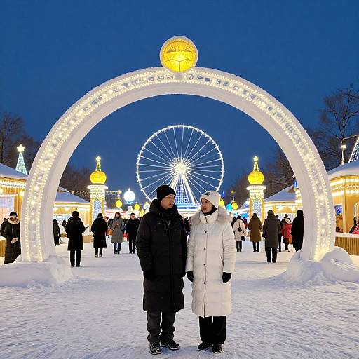Photograph of a winter night at a festive carnival, featuring a brightly lit archway with a large Ferris wheel in the background, two people in