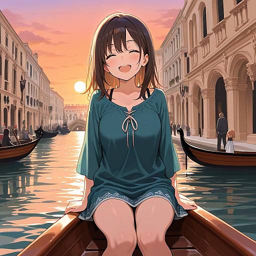 Happy Girl on Gondola in Venice at Sunset
