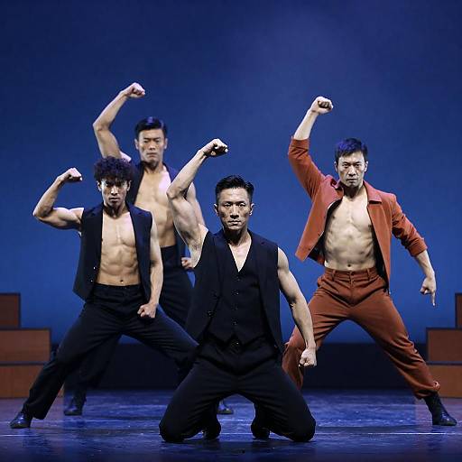 Four Muscular Male Dancers in Dynamic Poses on Stage
