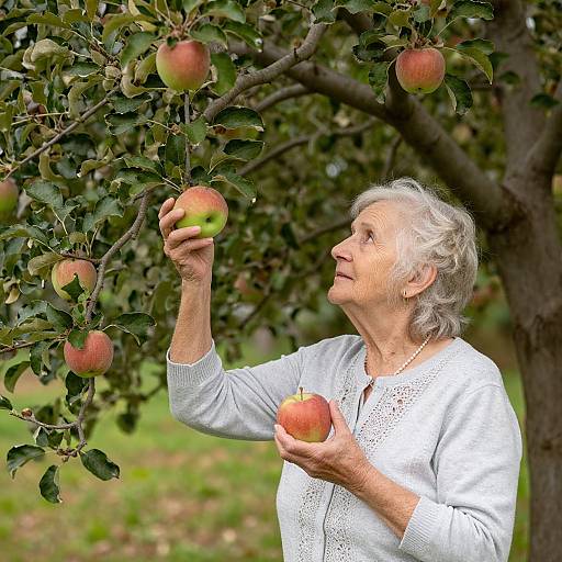 Photograph of an elderly white woman with short gray hair, wearing a white lace blouse, picking apples from a tree in a lush orchard.