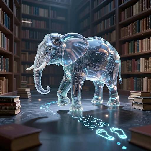 Cyberpunk Library with Liquid Glass Elephant