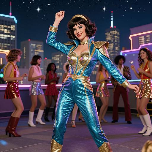 Disco Jumpsuit Woman on Rooftop Party