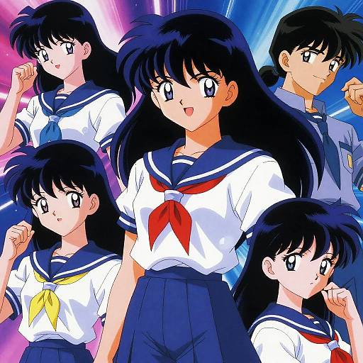 Anime-style illustration of five characters with black hair, wearing white sailor uniforms with blue neckerchiefs and navy skirts, against a neon blue and pink