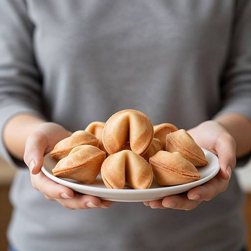 Photograph of a person in a gray long-sleeve shirt, hands holding a white plate filled with golden-brown, crescent-shaped pastries