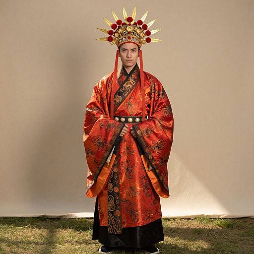 Photograph of an Asian man in a vibrant red, gold-embroidered traditional robe and ornate crown with red pom-poms, standing on