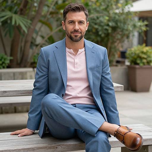 Photograph of a handsome, bearded man in a blue suit and white henley, sitting casually on a wooden bench, with lush greenery in