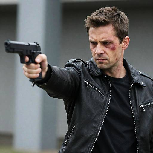 Determined Man Aiming Handgun in Action