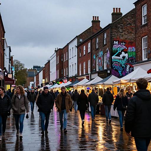 Photograph of a bustling, rainy street market with people in winter clothes, illuminated white tents, and colorful graffiti on brick buildings.