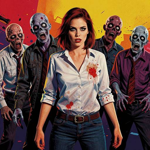 Digital artwork of a confident woman with red hair, blood-stained white shirt, surrounded by four menacing zombie-like men in dark clothes. Bright yellow and