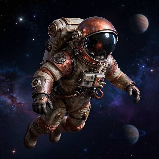 Photorealistic CGI of a silver and copper-colored astronaut in a space suit floating in a starry, cosmic background with two planets.