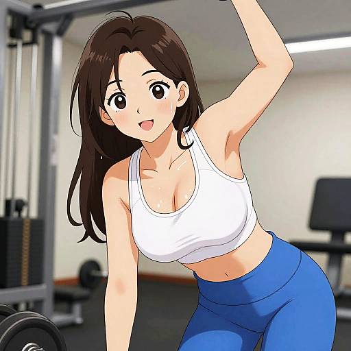 Anime-style digital drawing of a fit woman with long brown hair, wearing a white sports bra and blue leggings, exercising in a gym. She smiles while