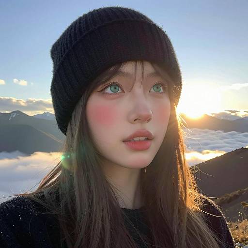 Young Woman in Black Hat at Mountain Sunset