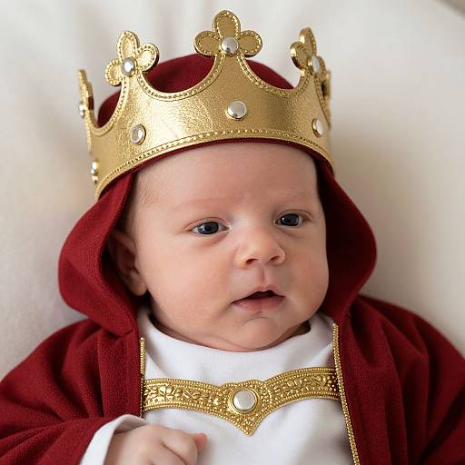 Photograph of a baby wearing a gold crown with red velvet hood, white tunic, and gold necklace, looking curiously at the camera against a