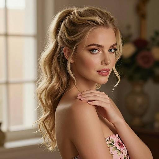 Blonde Woman in Pink Floral Dress