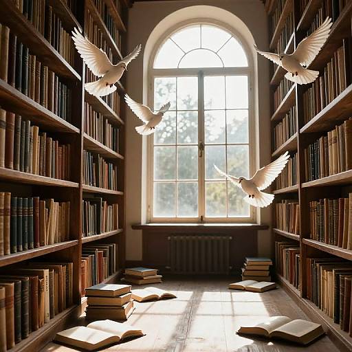 Sunlit Library with Doves and Books