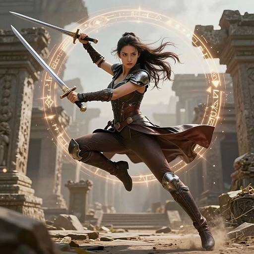 Fierce Heroine Leaping with Dual Swords