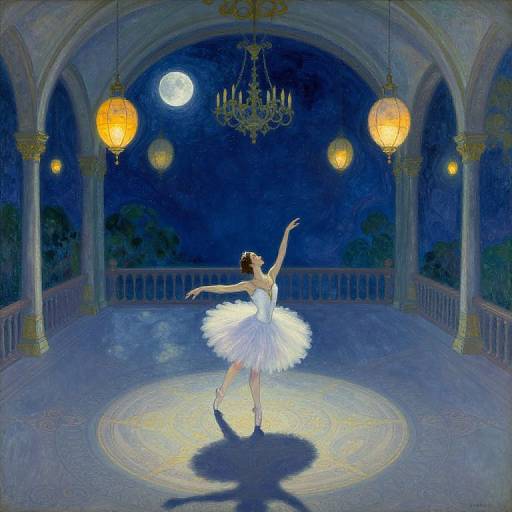 A ballerina in a white tutu dances under a moonlit, archway balcony, illuminated by warm, hanging lanterns. Digital painting.