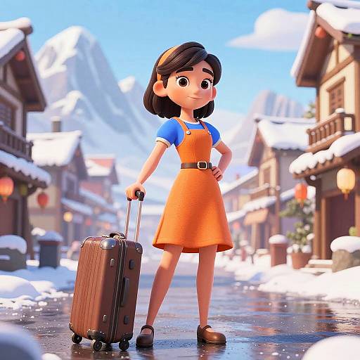 Cartoon Girl with Suitcase in Snowy Mountain Village