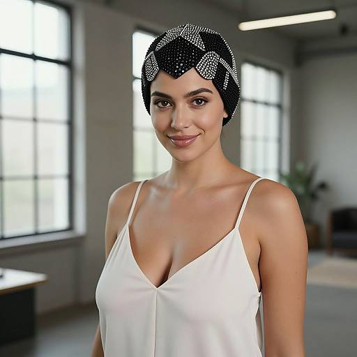 Photorealistic CGI of a smiling woman with short, black, glittery headband, wearing a white, low-cut, spaghetti-strap top,