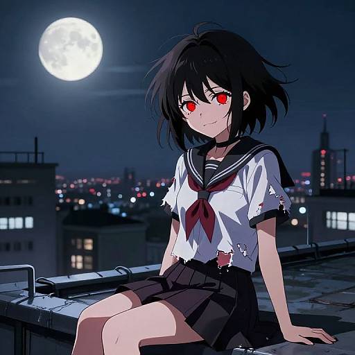 Anime-style digital illustration of a black-haired girl with red eyes, wearing a blood-stained sailor uniform, sitting on a rooftop at night under a full