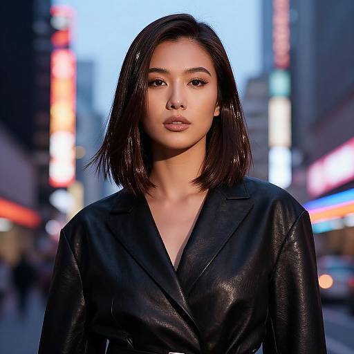 Photograph of a young Asian woman with straight black hair, wearing a black leather blazer, standing confidently on a brightly lit city street at dusk.