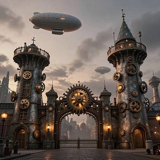 Steampunk-style gatehouse with clockwork gears, two towers, and airships in a cloudy sky at dusk. Gothic architecture and glowing lanterns