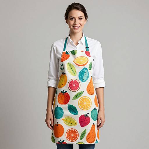 Photograph of a smiling woman with dark hair, wearing a white shirt and colorful apron adorned with fruit illustrations, standing against a plain gray background.