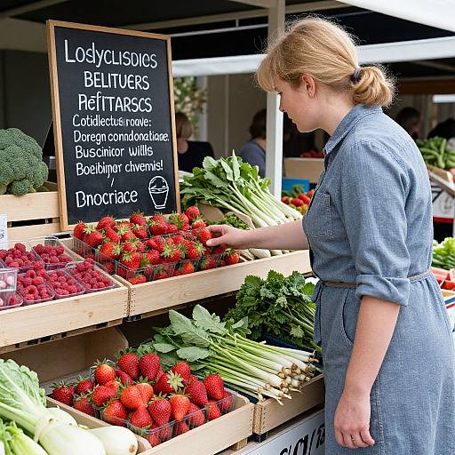 Photograph of a blonde woman in a blue denim dress, selecting strawberries at an outdoor market stall with a chalkboard sign.