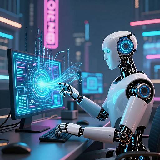 CGI image of a futuristic white humanoid robot with glowing blue accents, typing on a computer while projecting a holographic blue circle from a screen. Neon