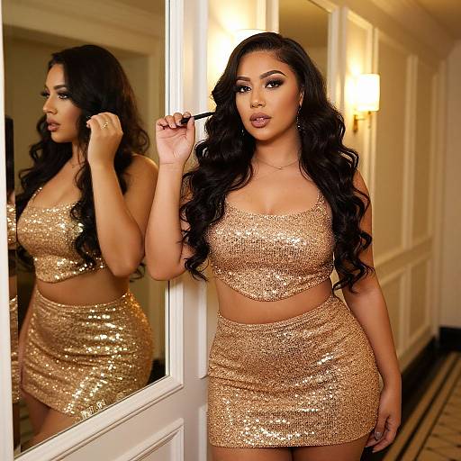 Photograph of a Latina woman with long, wavy black hair, wearing a glittery gold sequin crop top and matching mini skirt, standing in