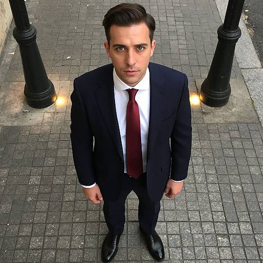 Photograph of a serious-looking man with short dark hair, wearing a black suit, white shirt, and red tie, standing on a gray brick-p