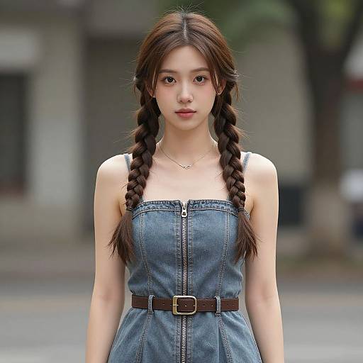 Photograph of an Asian woman with long, dark braided hair, wearing a sleeveless denim dress with a brown belt, standing outdoors with a blurred