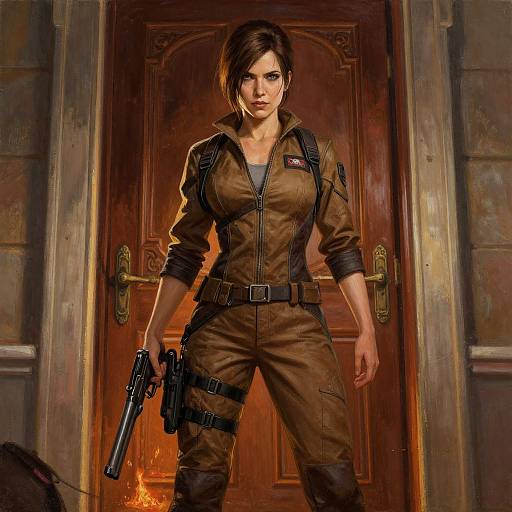 Digital art of a fierce, brown-haired woman in a brown jumpsuit, holding a gun, standing in front of a wooden door with fire below.