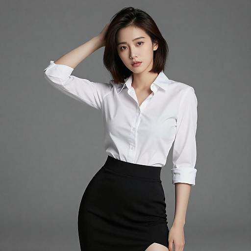 Elegant Young Woman in White Shirt and Black Skirt