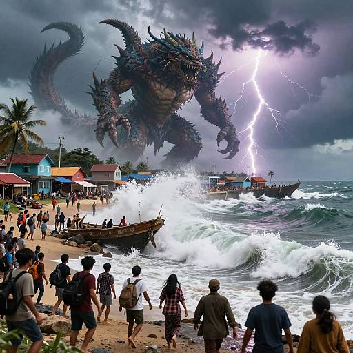 Mythical Giant Attack on Coastal Village