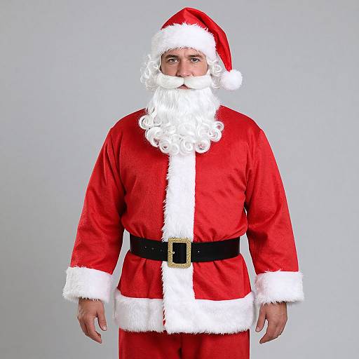 Photograph of a man in a full Santa Claus outfit, including red suit, white fur trim, black belt, and Santa hat, with a full