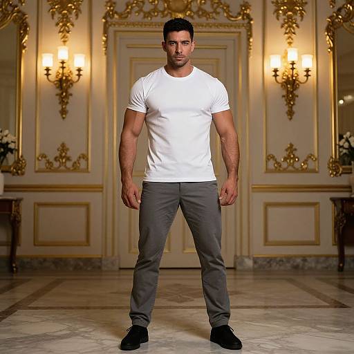 Photograph of a muscular, dark-haired man in a white t-shirt, gray pants, and black shoes, standing confidently in an ornate, gold