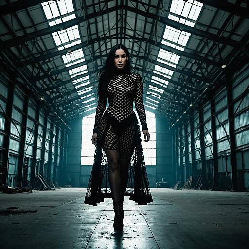 Woman in Sheer Fishnet Gothic Dress in Abandoned Hangar