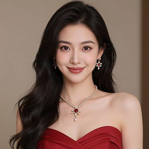 Photograph of an Asian woman with long black hair, wearing a strapless red dress, gold necklace with red gem, and matching earrings, smiling softly