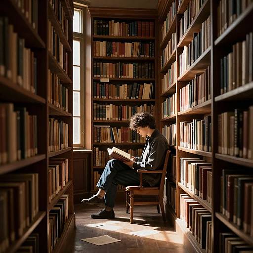 Photograph of a person with curly hair, reading in a sunlit library aisle, surrounded by tall, filled bookshelves.