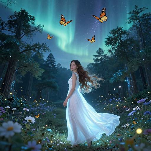 Magical forest night scene with glowing aurora, ethereal white dress woman, long brown hair, surrounded by flying orange butterflies, illuminated flowers, and