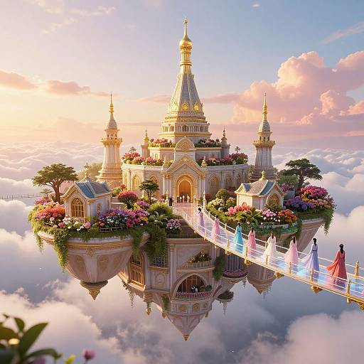 Digital artwork of a floating, golden castle with tall spires, surrounded by lush, colorful flowers, and connected by a white bridge, reflecting on a