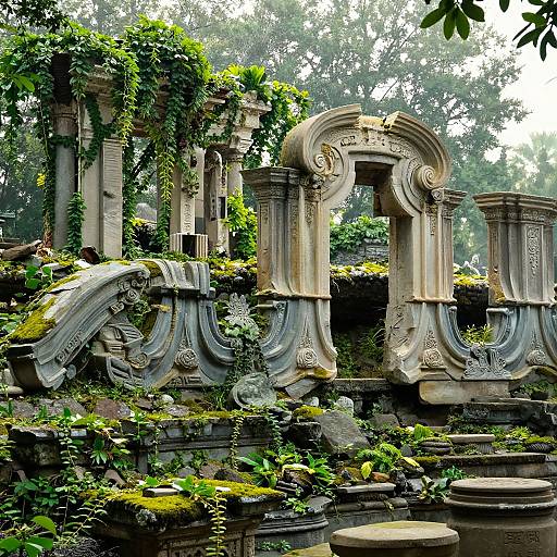 Photograph of an overgrown, ancient stone archway with intricate carvings, moss-covered pillars, and lush greenery, surrounded by dense trees