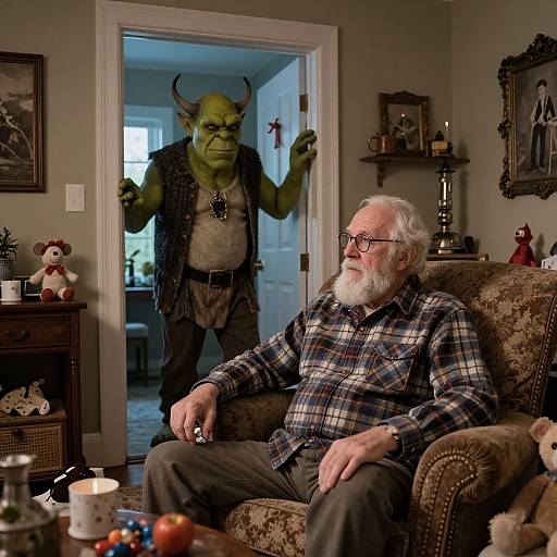 Elderly Man and Horned Creature Encounter