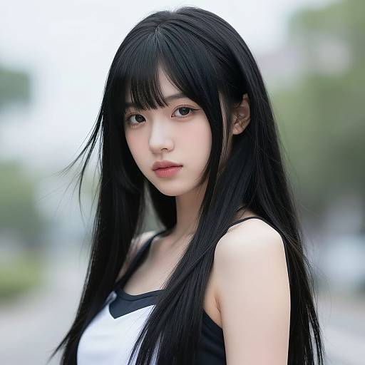Photograph of an East Asian woman with long black hair, pale skin, wearing a black and white tank top, looking directly at the camera against a