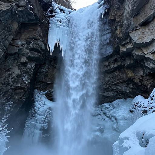 Photograph of a tall, icy waterfall cascading down rugged, snow-covered rock cliffs with large icicles hanging from the top.