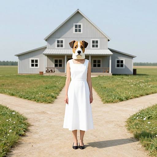 Photograph of a woman with a dog head wearing a white dress and black heels, standing on a dirt path leading to a white, two-story house