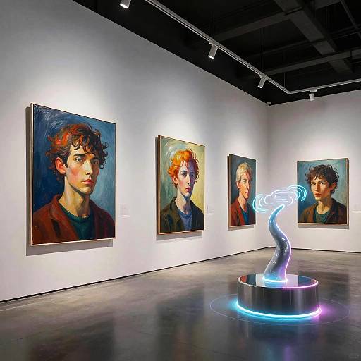 Photograph of a modern art gallery with four illuminated portraits of young people, each in rich, colorful oil paintings. A neon, abstract serpentine